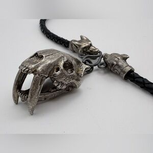 Saber-Tooth Tiger Skull Bolo Tie - Braided Cord Smilodon Necklace Gothic Western